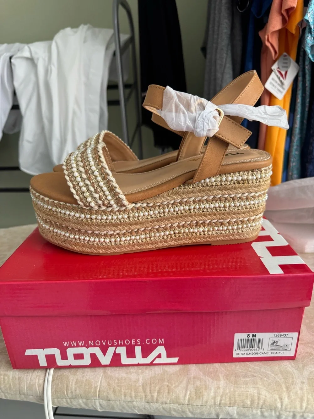 Camel Pearl-Embellished Espadrille Wedge Sandals